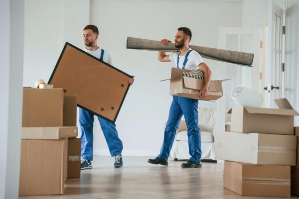Painting and mat in hands. Two moving service employees in a room.